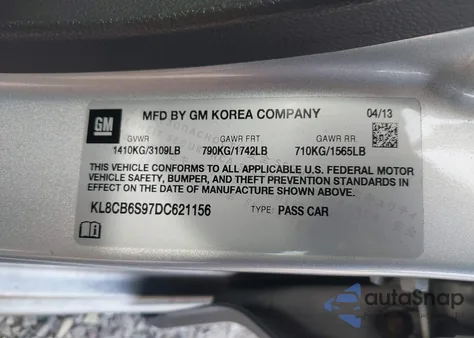 2013 Chevrolet Spark Ls Auto из США, поврежденный, VIN KL8CB6S97DC621156